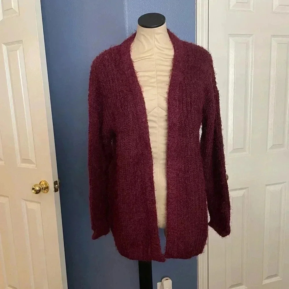 JustFab Fuzzy Wine Open Cardigan NWT - Picture 6 of 10